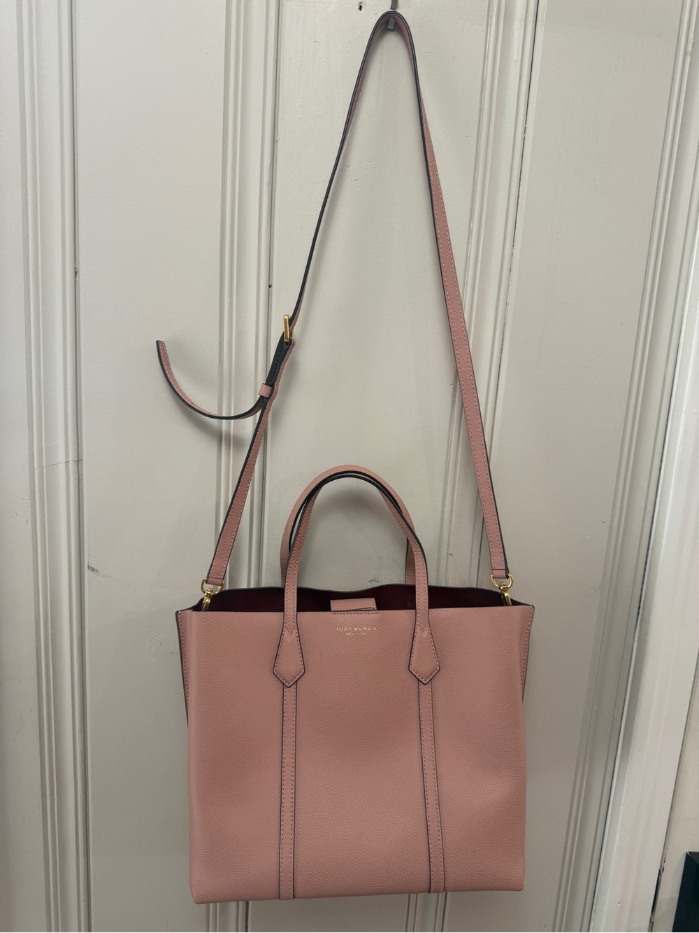 Tory Burch Pebbled Leather Tote | Blush Pink | Crossbody Strap | Perry Style - Picture 4 of 12